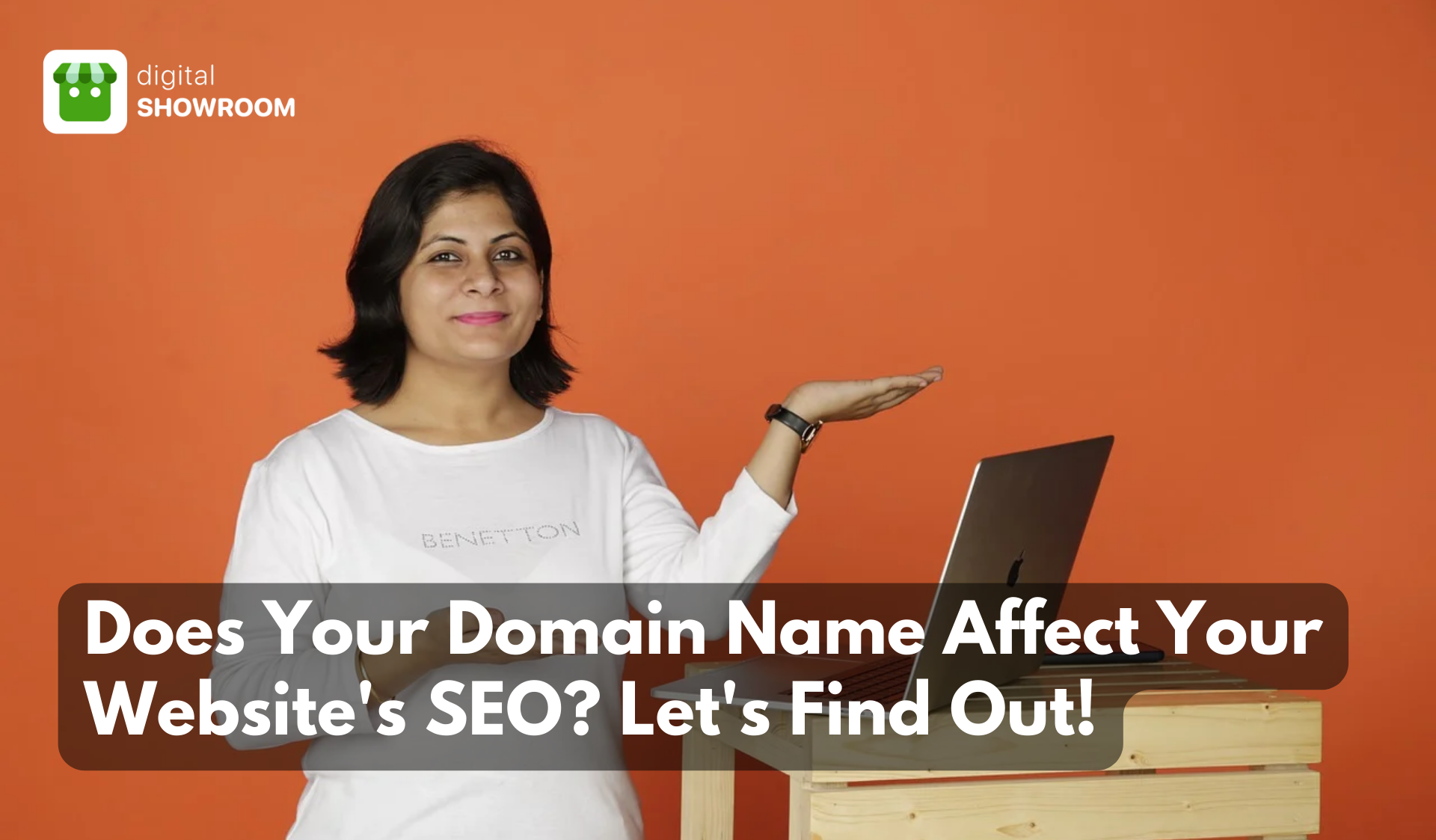 Woman explaining the affects of domain name on the SEO of a website.