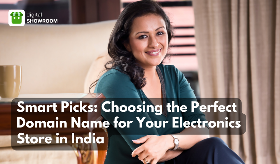 Indian person explaining the steps of how to choose the best domain name for an electronic(s) store.